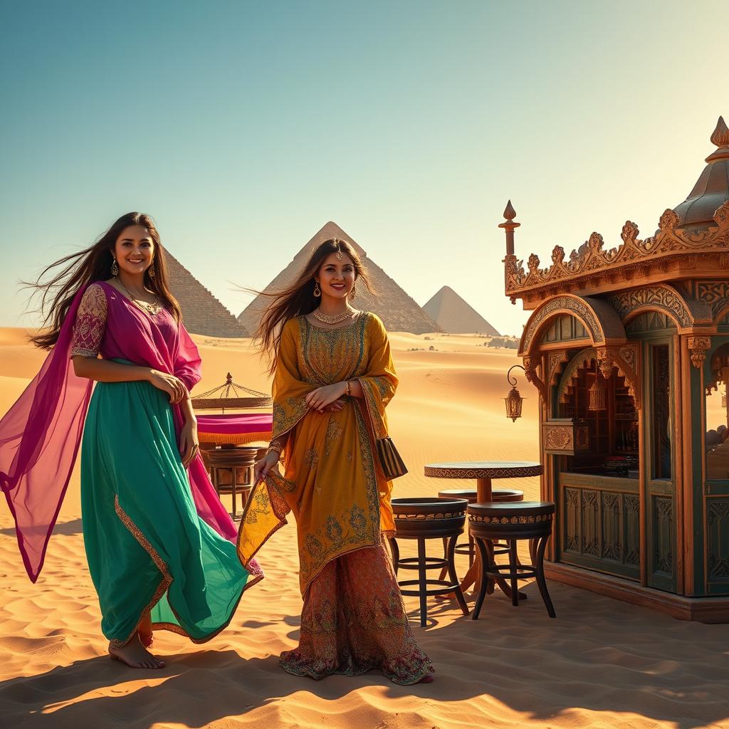A stunning scene in the Arabian desert featuring beautiful women dressed in traditional colorful garments, elegantly posing near majestic pyramids in the background