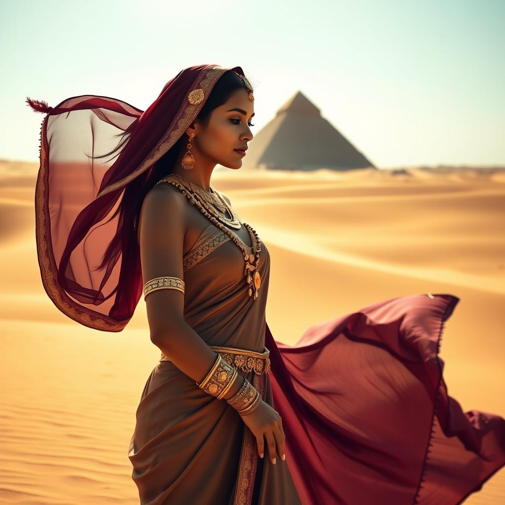 A striking scene depicting a beautiful woman in traditional Arabian attire standing gracefully in the vast Arabian desert, with majestic sand dunes stretching towards the horizon