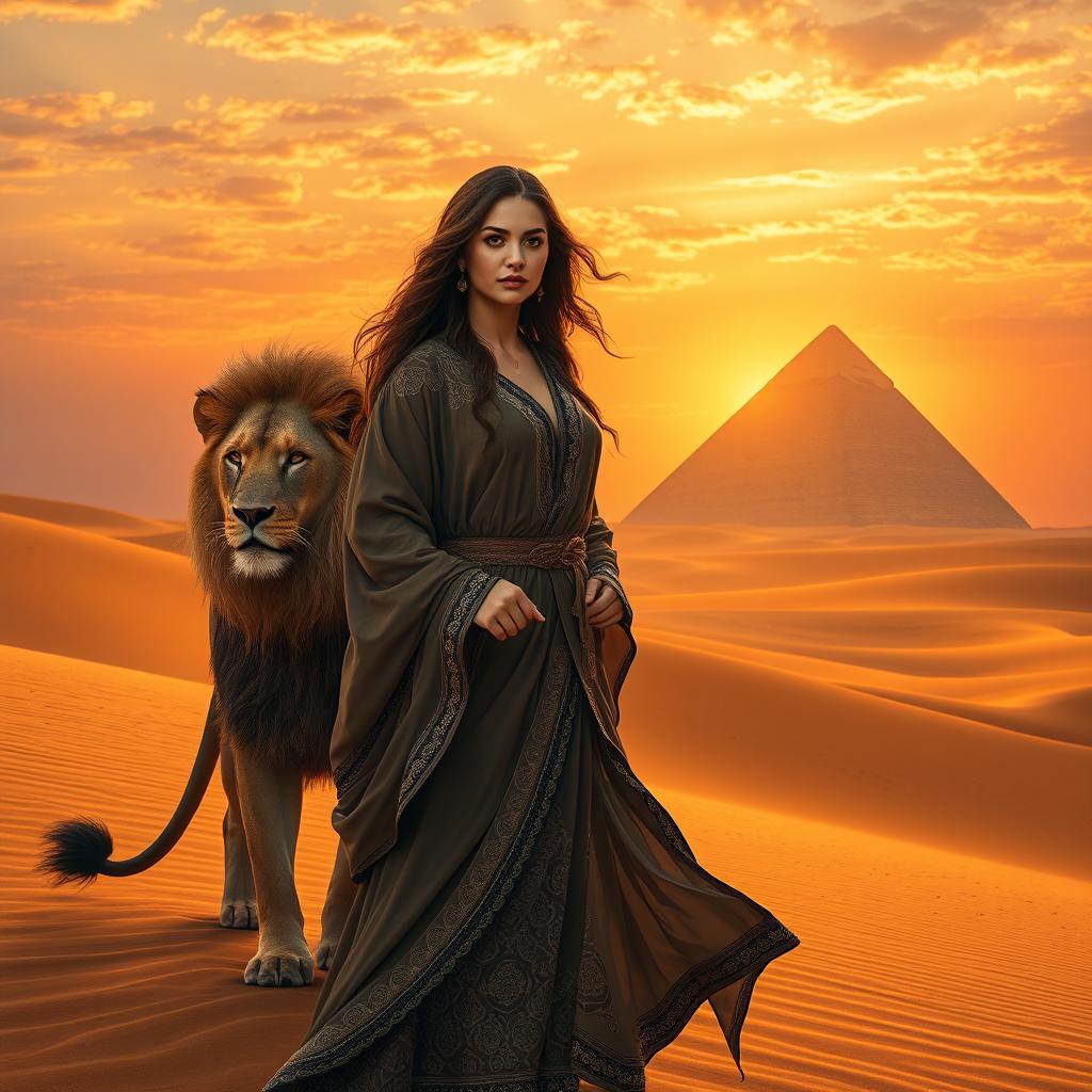 A powerful and regal scene depicting a strong woman standing in the vast Arabian desert, with golden sand dunes stretching into the horizon