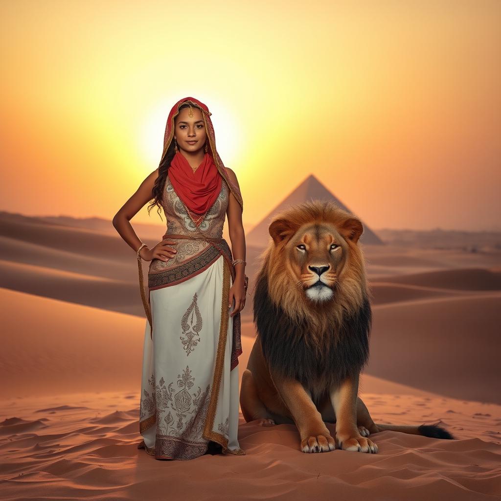 A captivating scene in the Arabian desert showcasing a strong, regal woman standing proudly beside a majestic lion