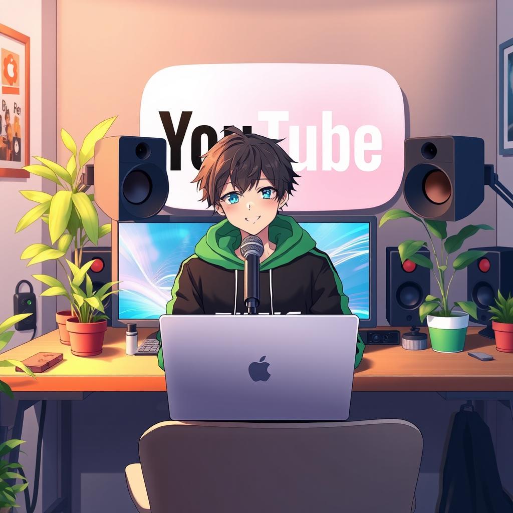 An 18-year-old anime boy sitting in front of a computer desk, wearing a black and green hoodie with the channel name 'TGK' written on it