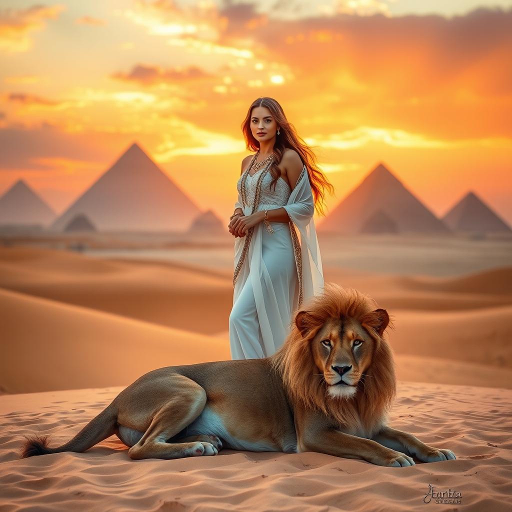 A breathtaking scene featuring a beautiful woman dressed in traditional Arabian attire, standing gracefully in the vast desert of Arabia