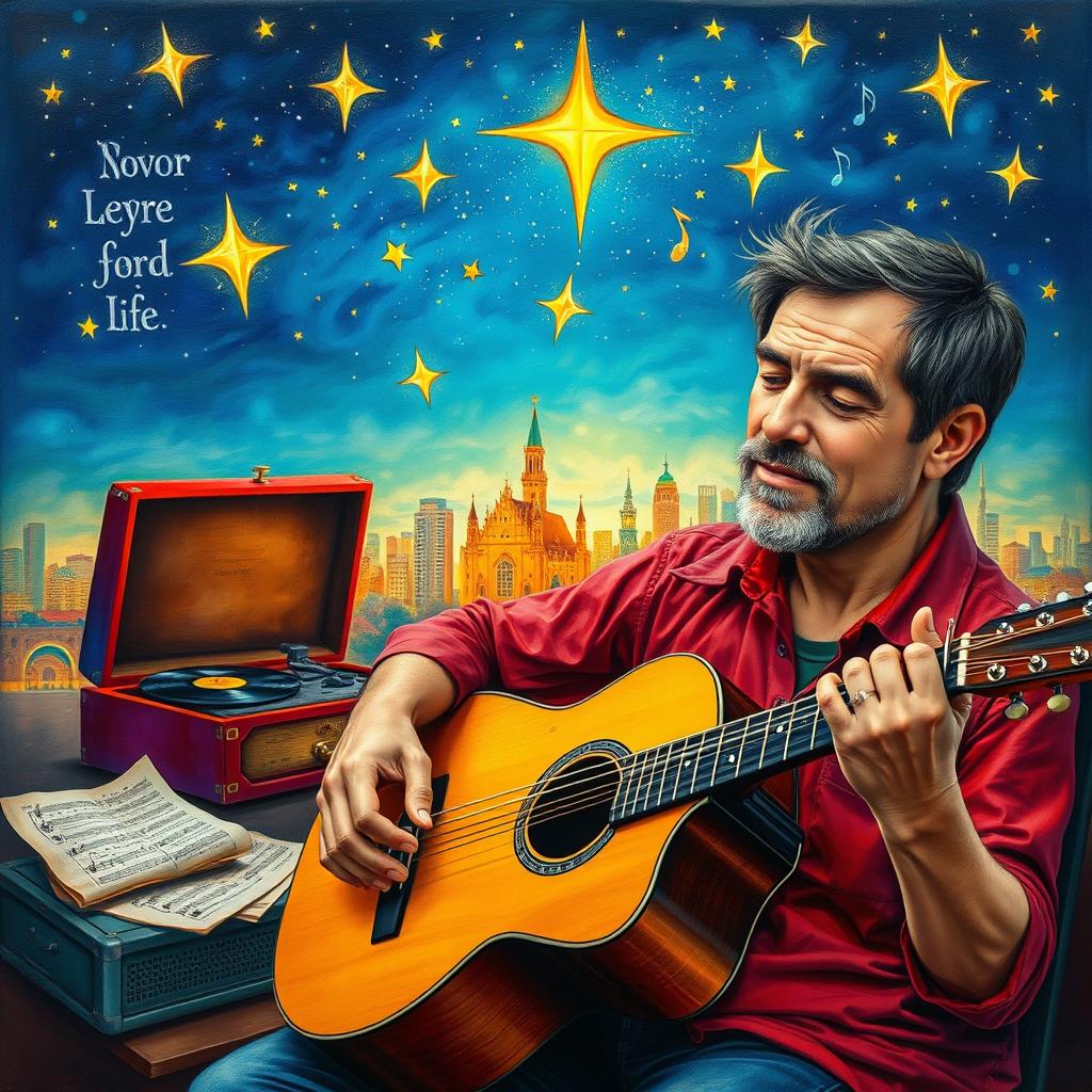 A detailed and vibrant portrait of a musician named Davor Šetinc, blending elements of his life experiences and musical journey