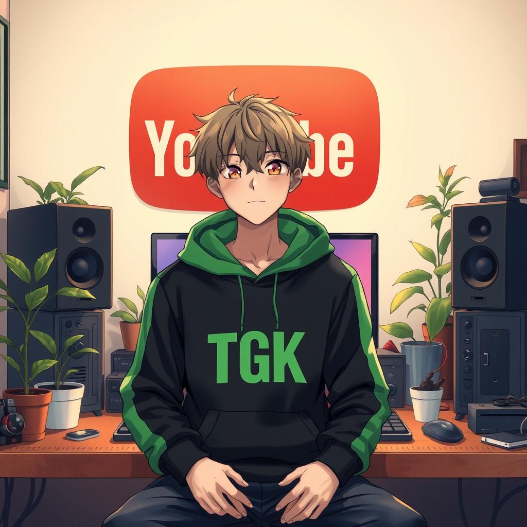 An 18-year-old anime boy sitting in front of a computer desk, wearing a black and green hoodie with the channel name 'TGK' printed on it