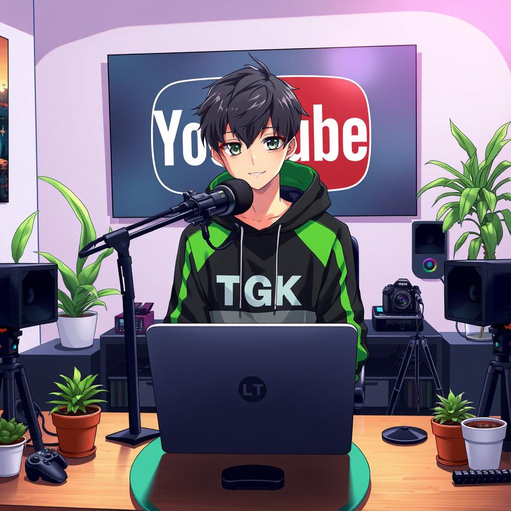 An 18-year-old anime boy sitting at a computer desk with a microphone and laptop