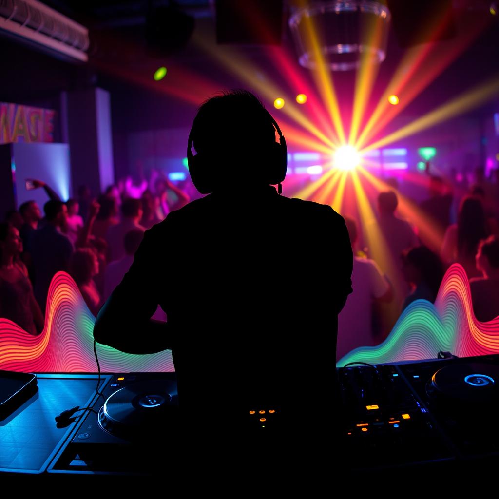 A dramatic silhouette of a DJ passionately mixing music at turntables, surrounded by vibrant sound waves and colorful lights