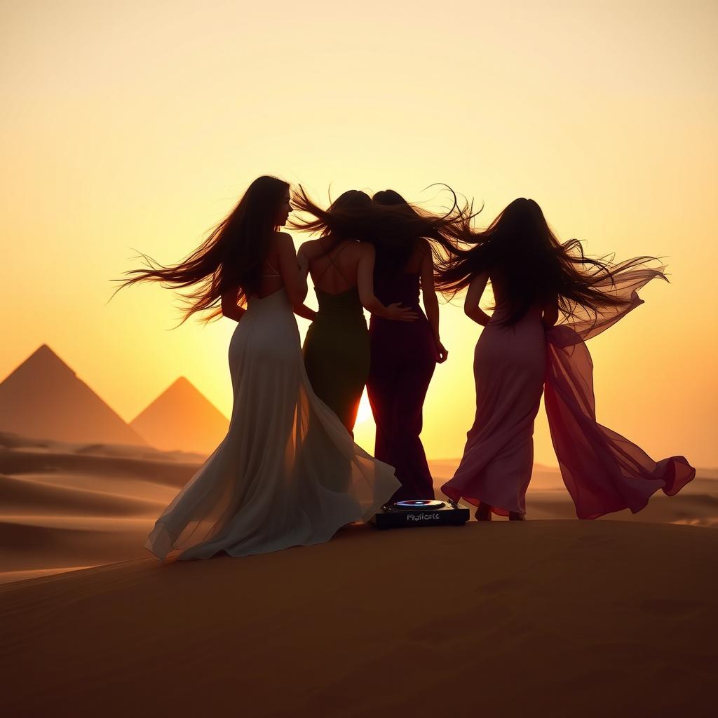 A stunning silhouette of beautiful women in flowing dresses, standing gracefully on a sand dune in the Arabian desert
