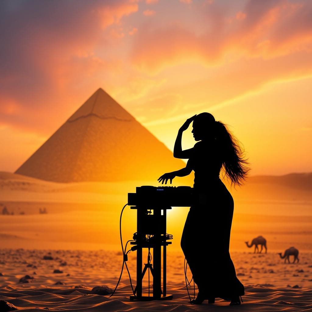 A stunning silhouette of a woman dancing with DJ equipment set against a backdrop of a massive pyramid in the Arabian desert at sunset