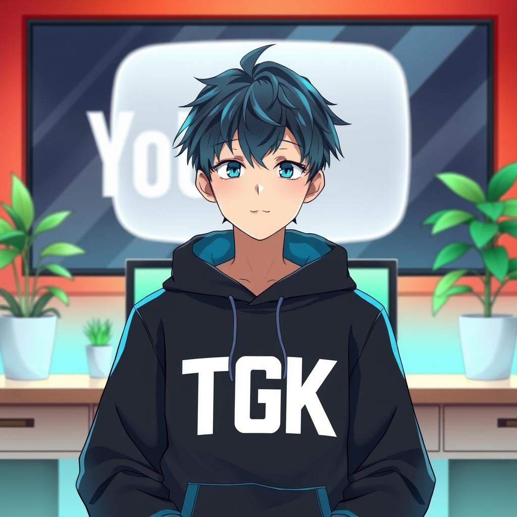 An 18-year-old anime boy sitting in front of a computer desk, wearing a black and sky-blue hoodie featuring the channel name 'TGK' prominently displayed