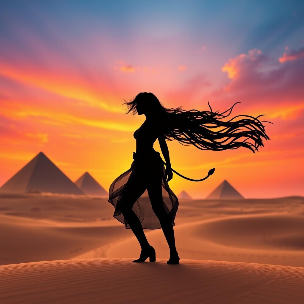 A stunning silhouette of a girl resembling a lion, set against the dramatic backdrop of a desert in Arabia