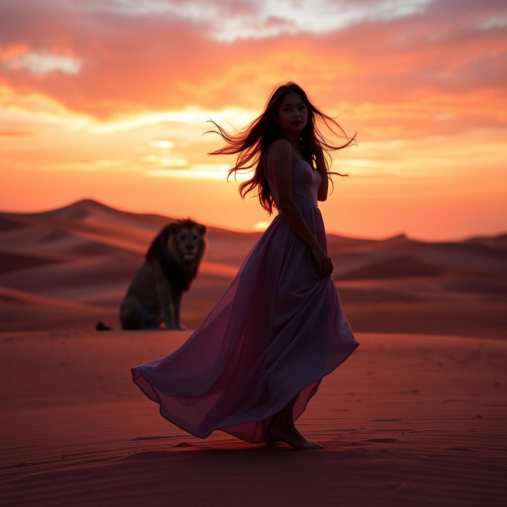 A stunning silhouette of a girl in a flowing dress standing confidently in the Arabian desert at sunset