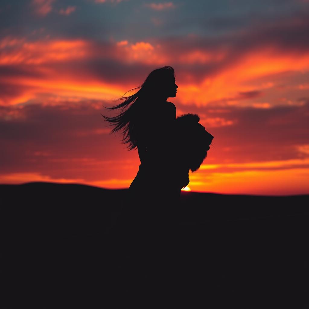 A striking silhouette of a girl standing majestically in a vast desert at sunset