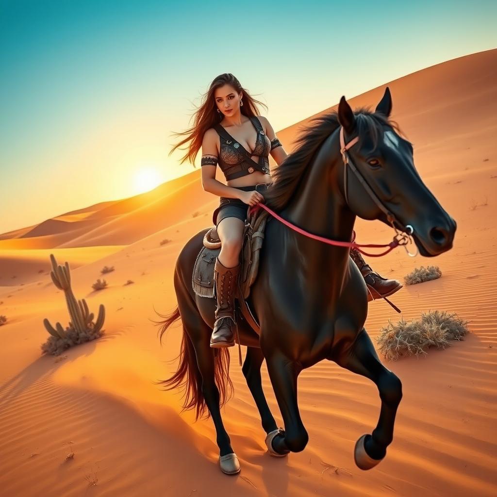 Elegant Desert Ride: A Black Horse Girl's Graceful Journey