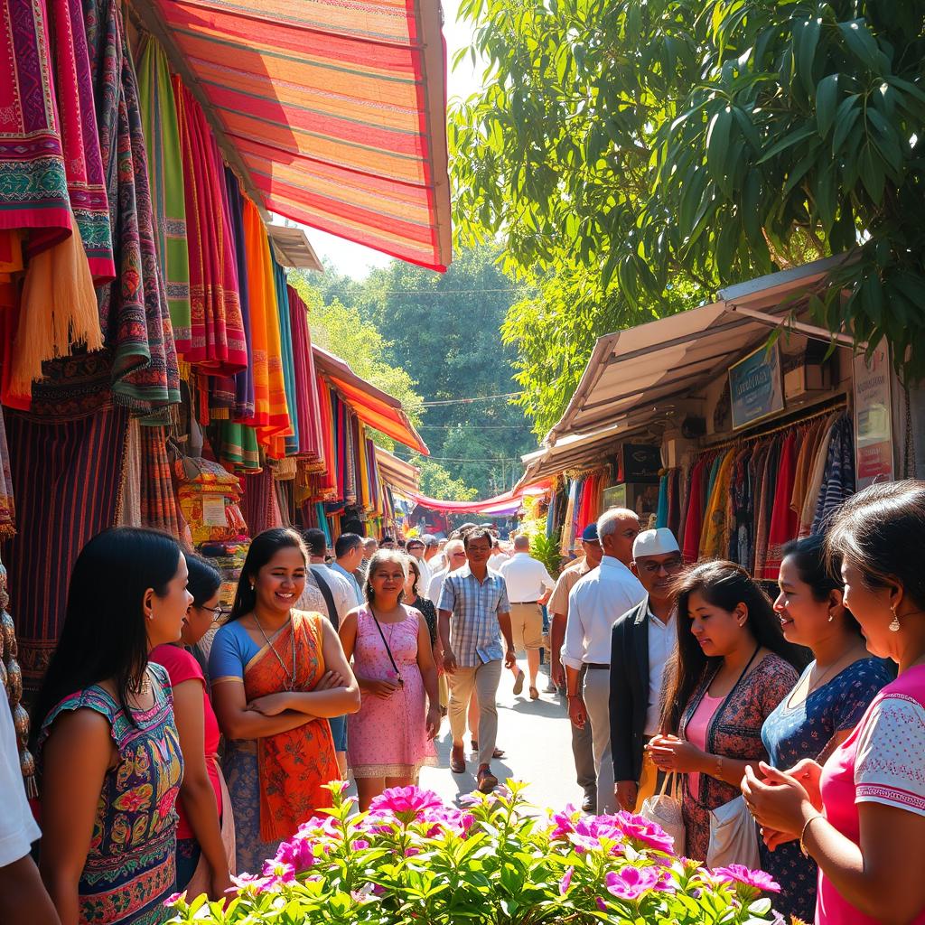 A vibrant, bustling market scene filled with colorful stalls and lively vendors