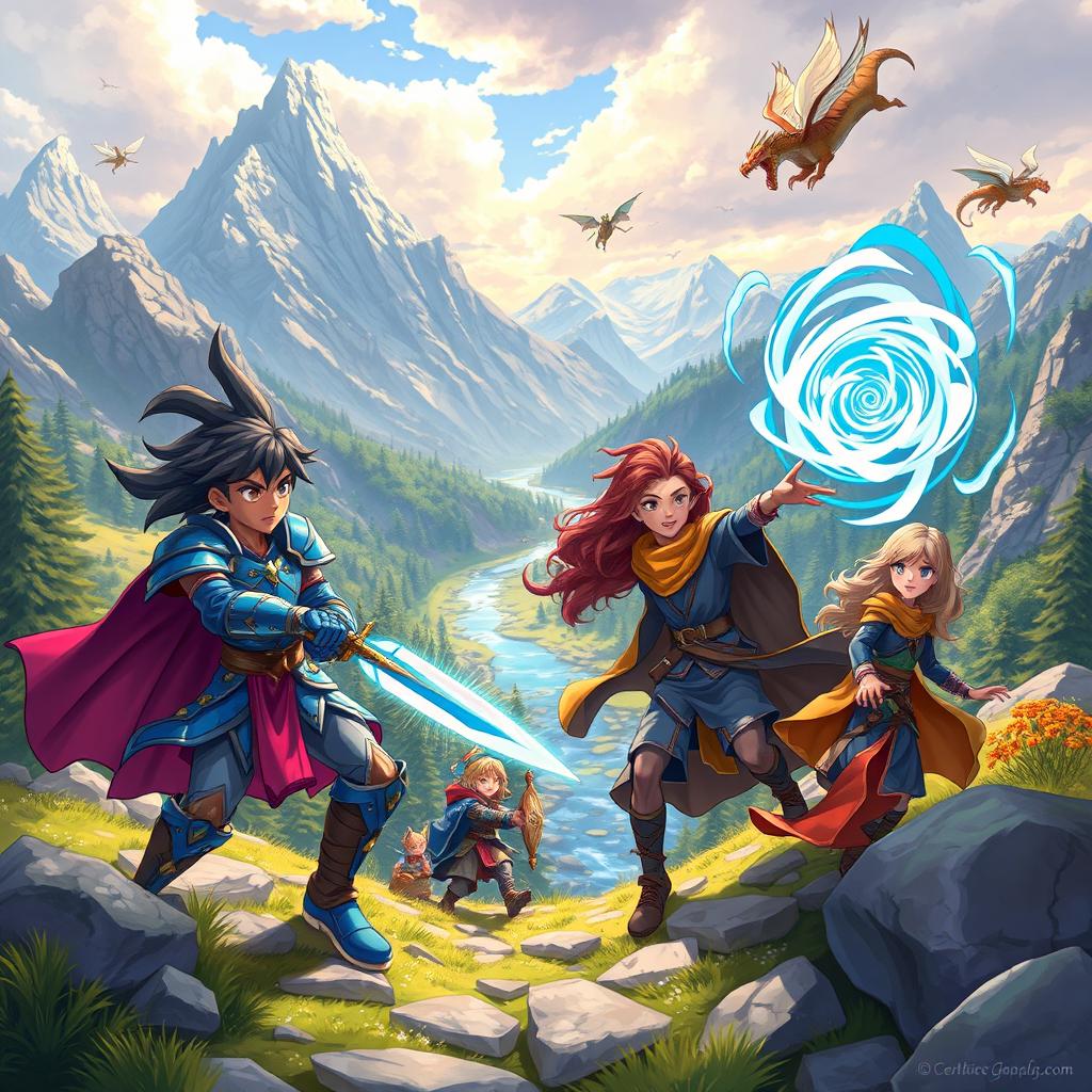A colorful and dynamic scene depicting original characters (OCs) engaged in an exciting adventure in a fantastical world