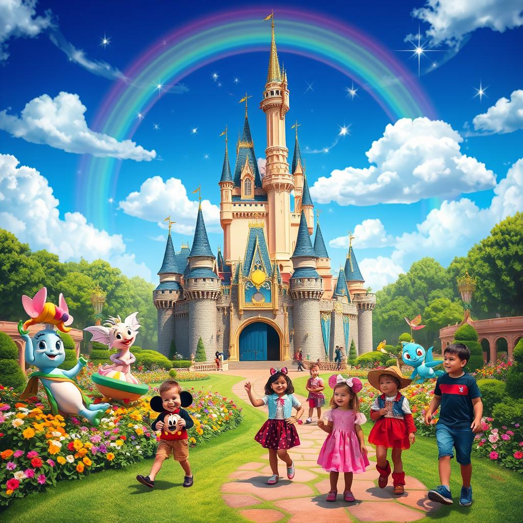 A magical Disney-themed landscape featuring a whimsical castle with fairy-tale elements, surrounded by lush gardens filled with colorful flowers and enchanted creatures