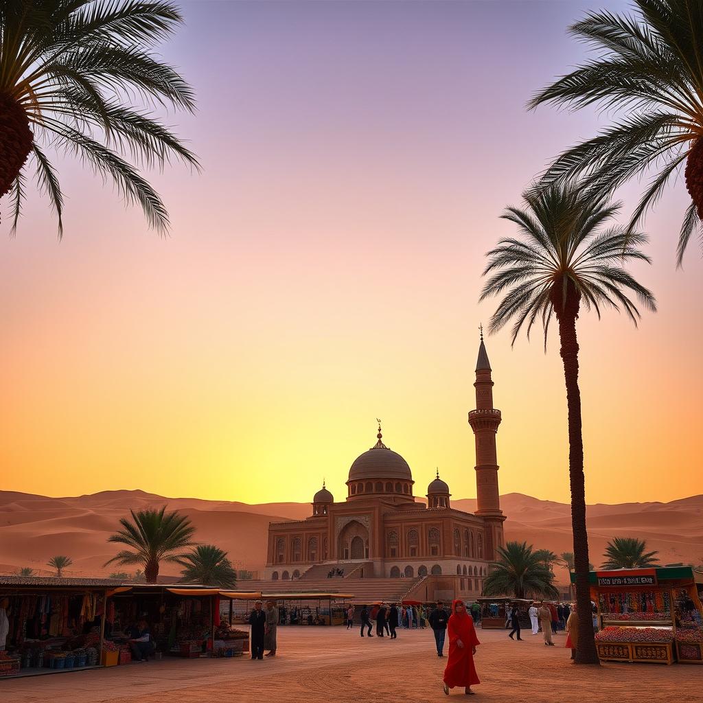 A serene landscape featuring traditional Arabic architecture amidst a backdrop of golden sand dunes
