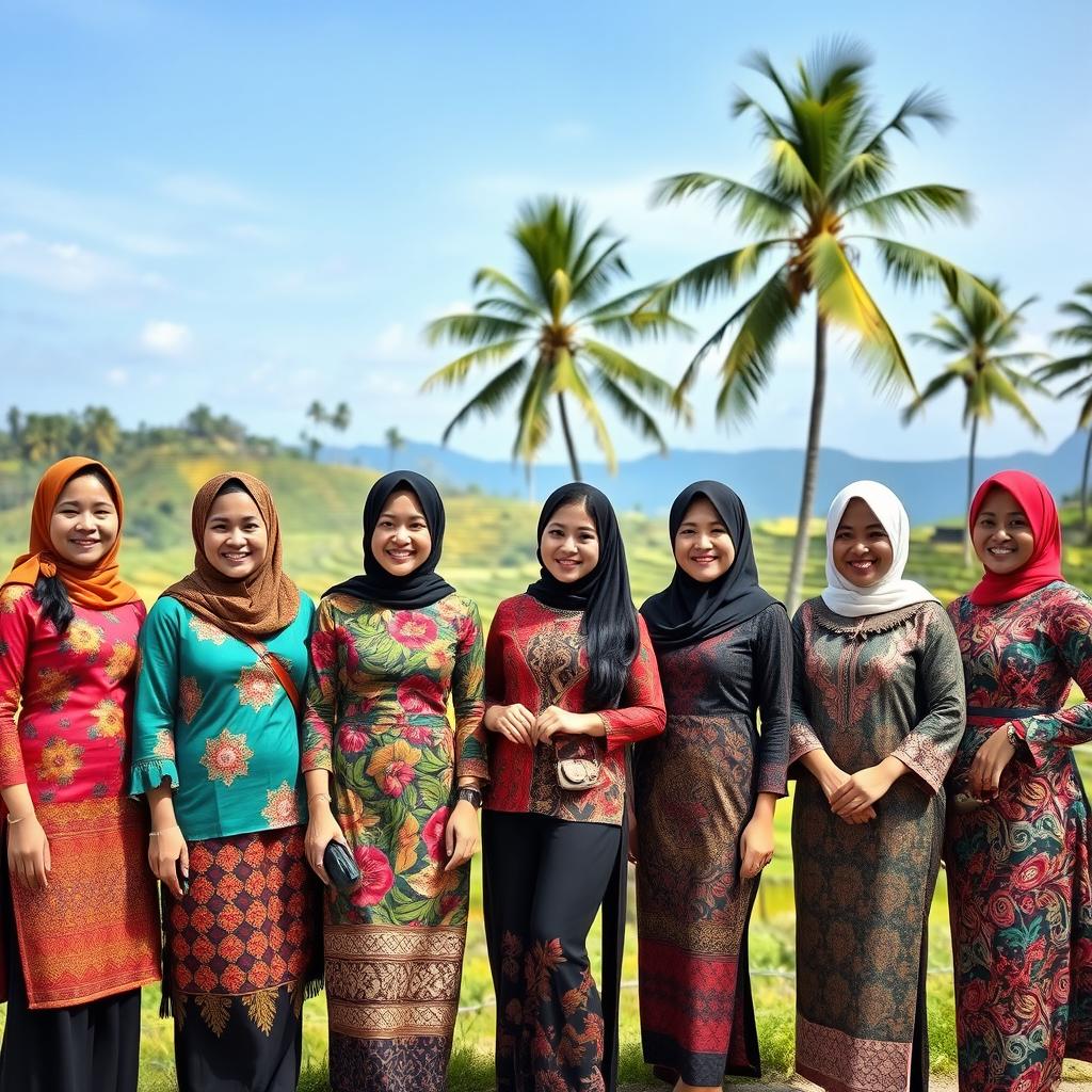 A group of stylish Indonesian women with diverse ethnic backgrounds, representing various regions in Indonesia, dressed in vibrant traditional outfits, such as batik and kebaya