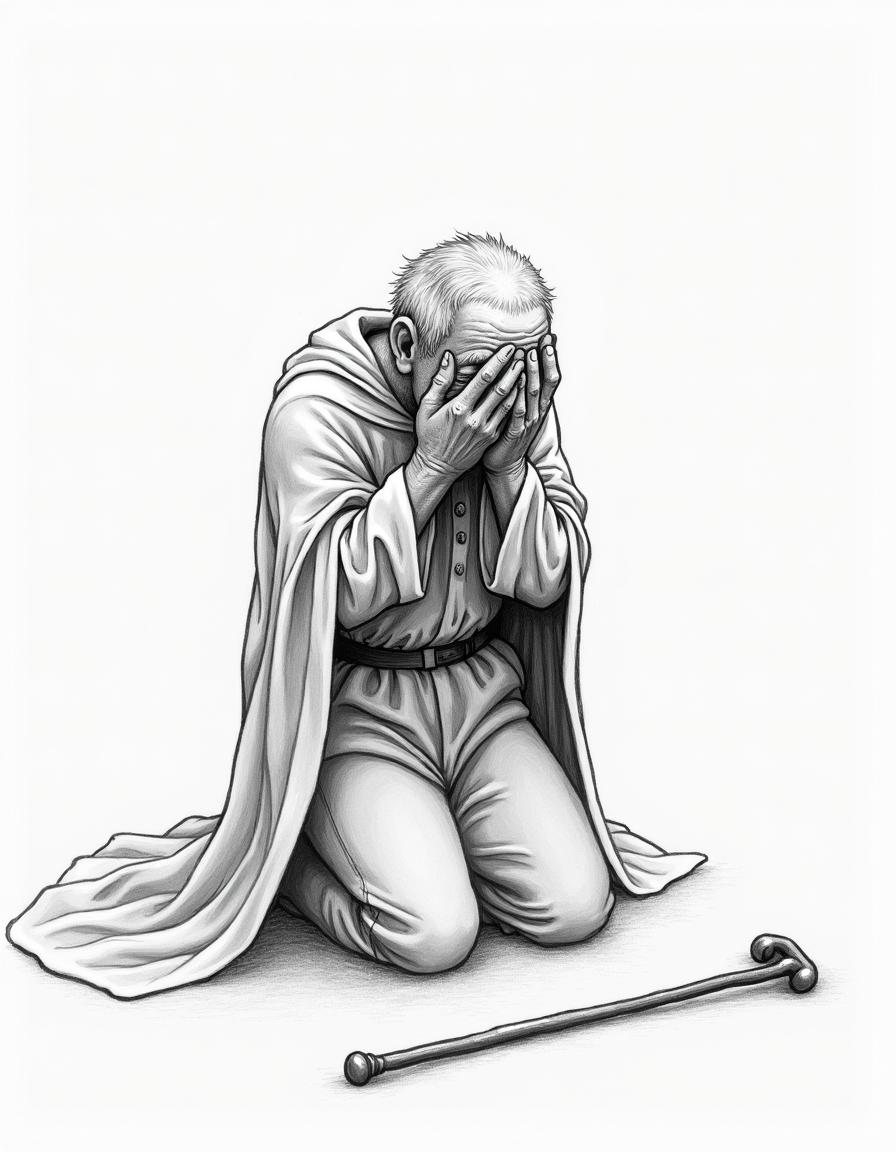 A simple black and white drawing of an elderly man kneeling on the ground, with his hands pressed against his face, embodying a moment of crying and attempting to hide his emotions