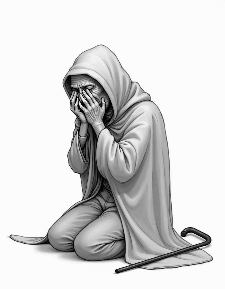 A simple black and white drawing of an elderly man kneeling on the ground, with his hands pressed against his face as if he is crying and trying to hide his emotions