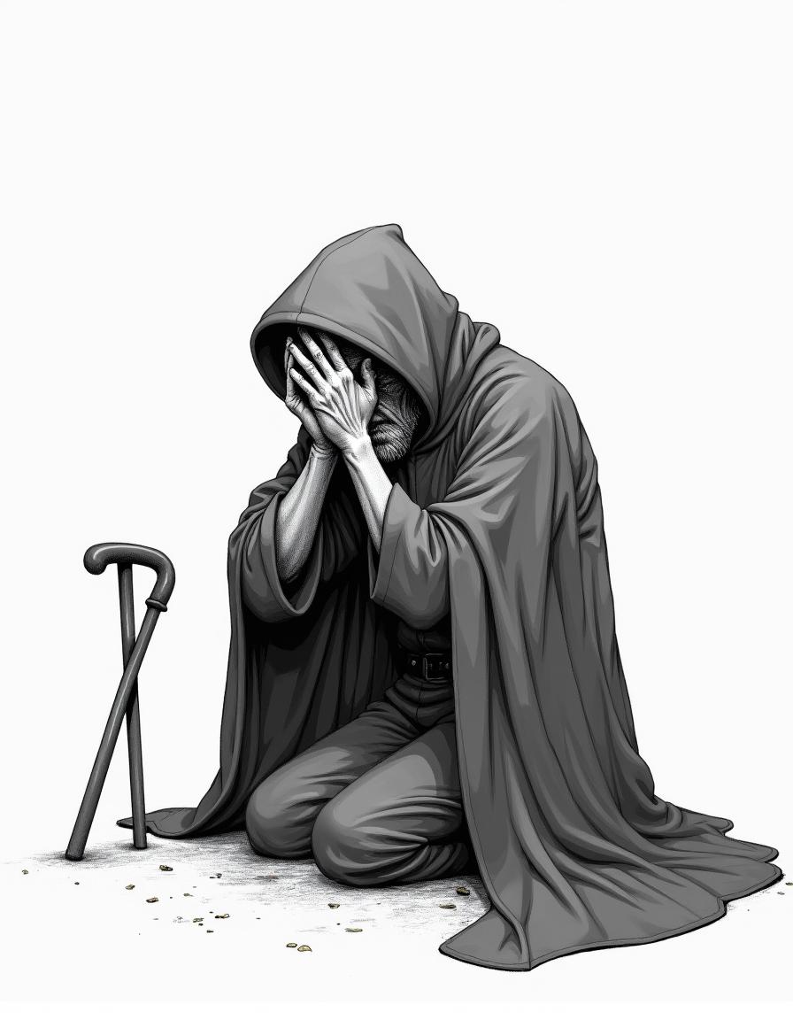 A simple black and white drawing of an elderly man kneeling on the ground, with his hands pressed against his face as if he is crying and trying to hide his grief