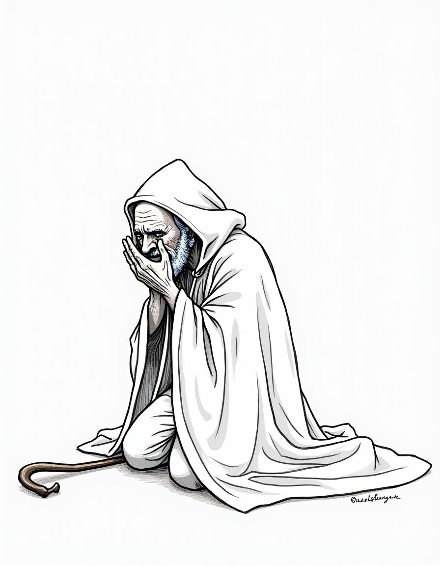 A simple black and white drawing of an elderly man kneeling on the ground, with his hands pressed against his face as if he is crying and trying to conceal his emotions