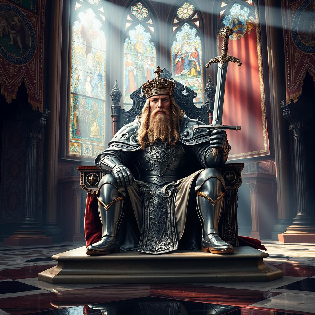 A majestic scene depicting King Arthur sitting on his throne at Camelot, wearing a gleaming suit of armor adorned with intricate medieval designs