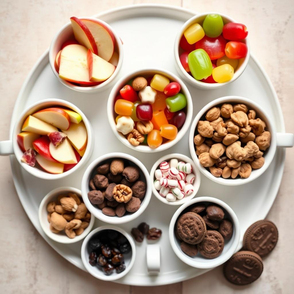 An elegant top-down view of a complete round tray featuring eight round white ceramic cups without handles