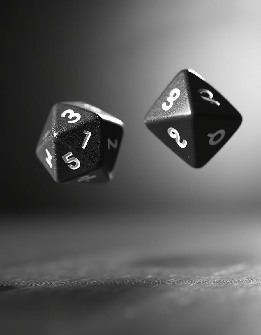 Two D20 dice spinning in mid-air, captured in high contrast black and white