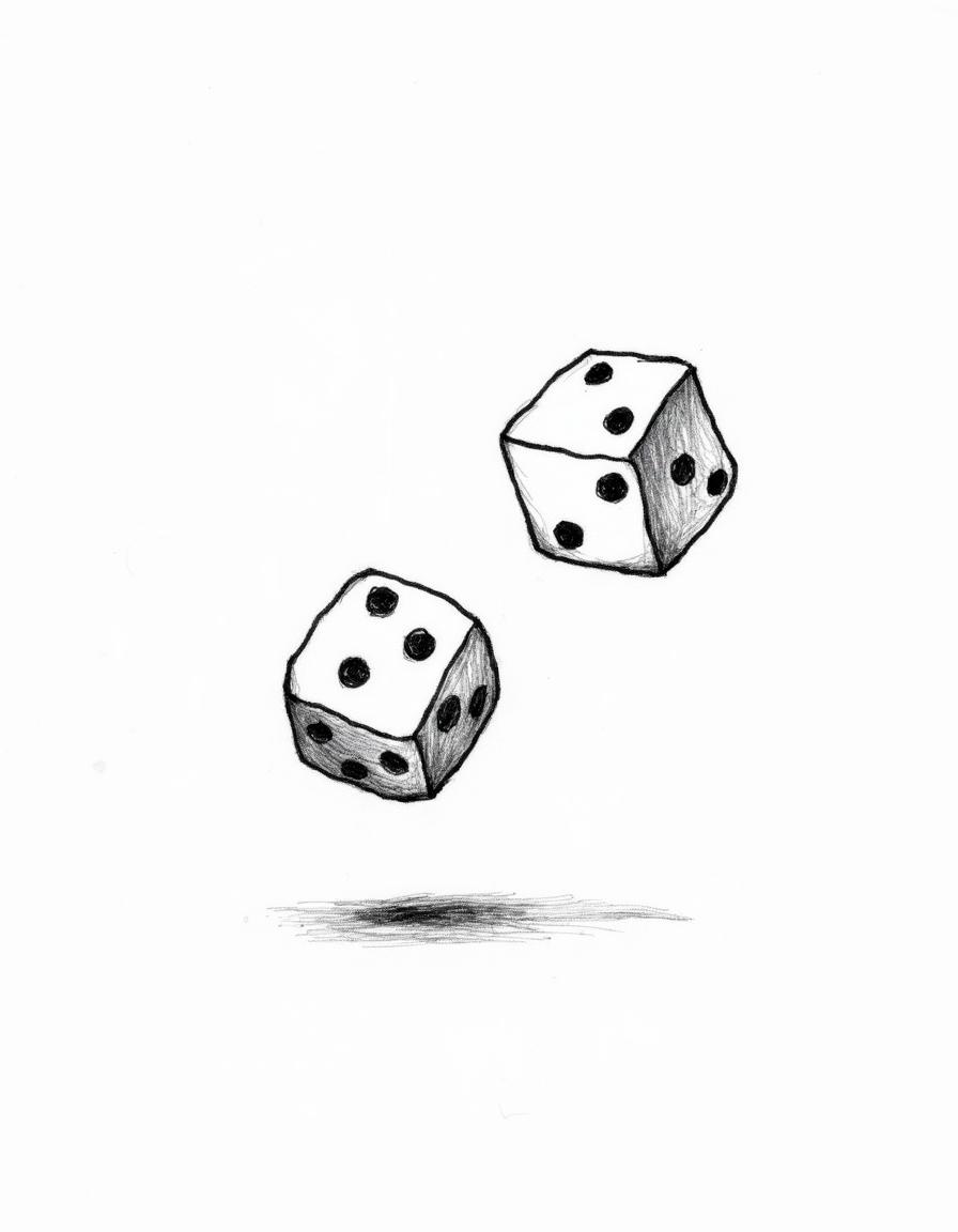 A simple hand-drawn illustration of two D20 dice spinning in mid-air, rendered in black and white