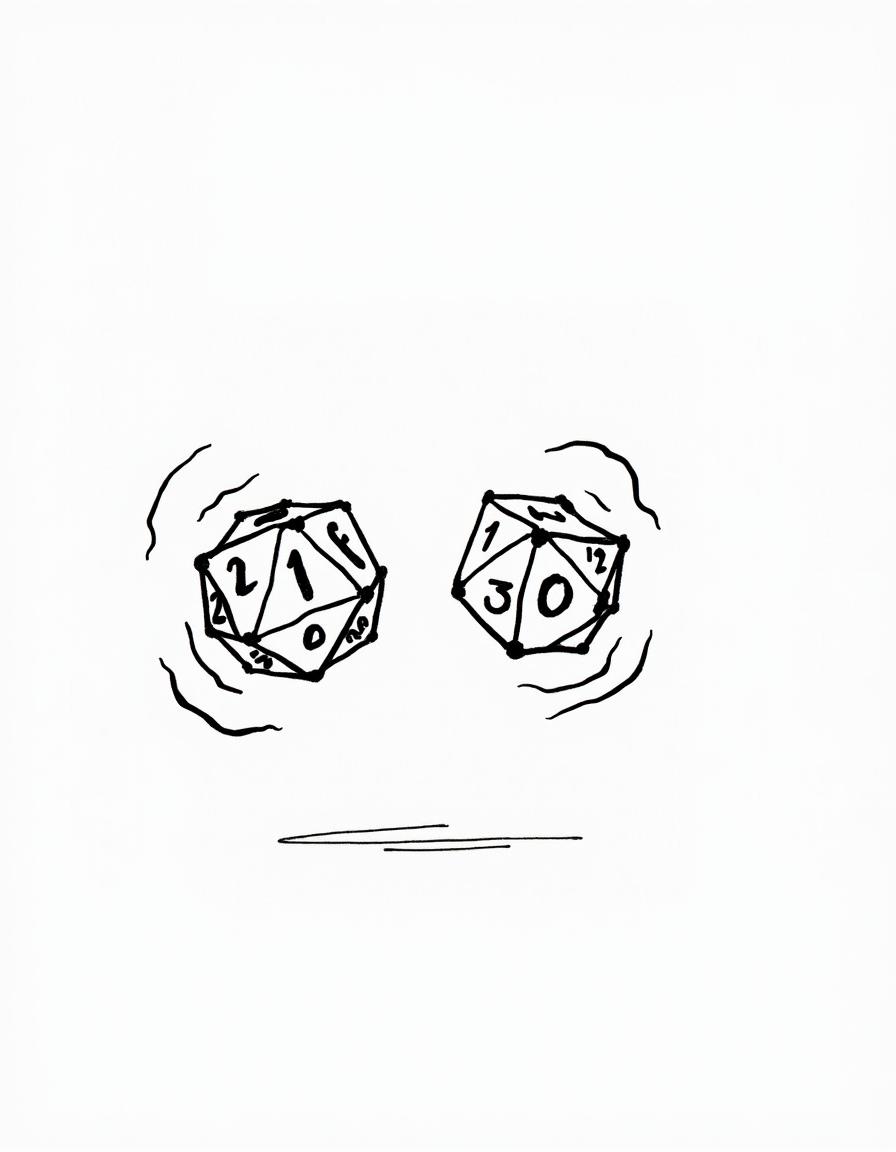 A simple hand-drawn illustration of two D20 dice spinning in mid-air, rendered in black and white