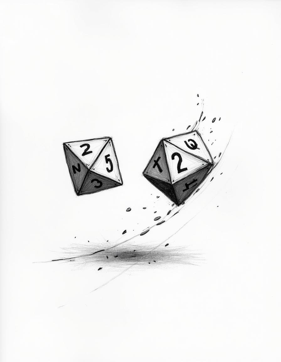 A hand-drawn style illustration of two D20 dice spinning in mid-air, rendered in black and white