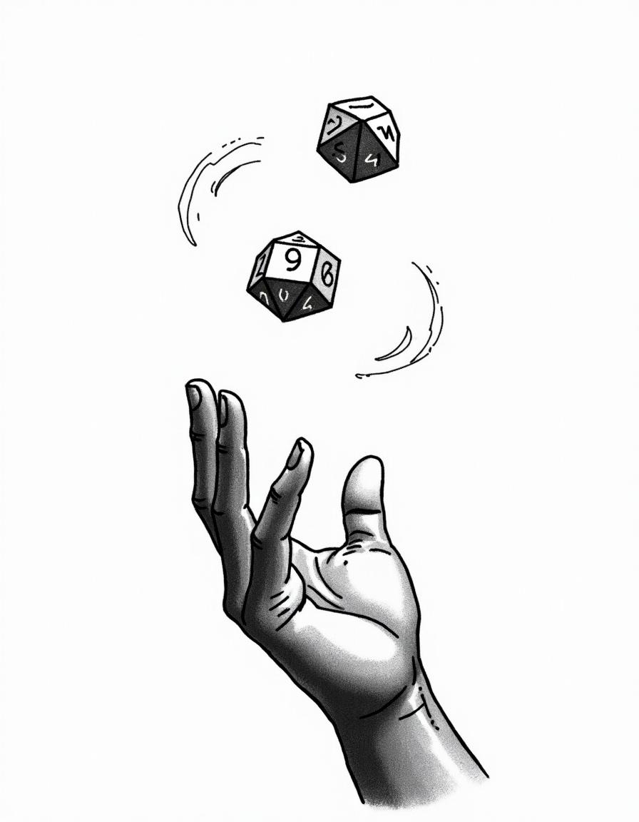 A hand with dark skin tossing two D20 dice in mid-air, rendered in a hand-drawn style in black and white