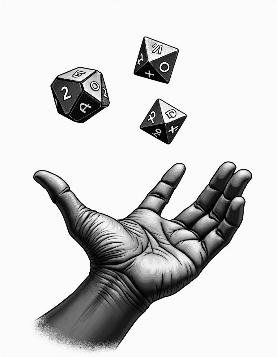 A hand with dark skin throwing two spinning D20 dice, depicted in high contrast black and white