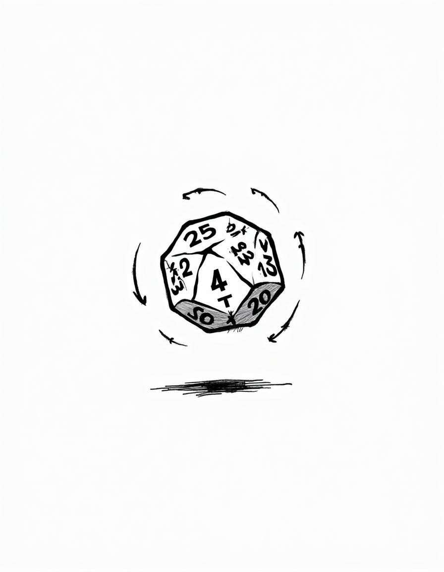 A hand-drawn illustration of a single D20 dice spinning in mid-air, depicted in black and white