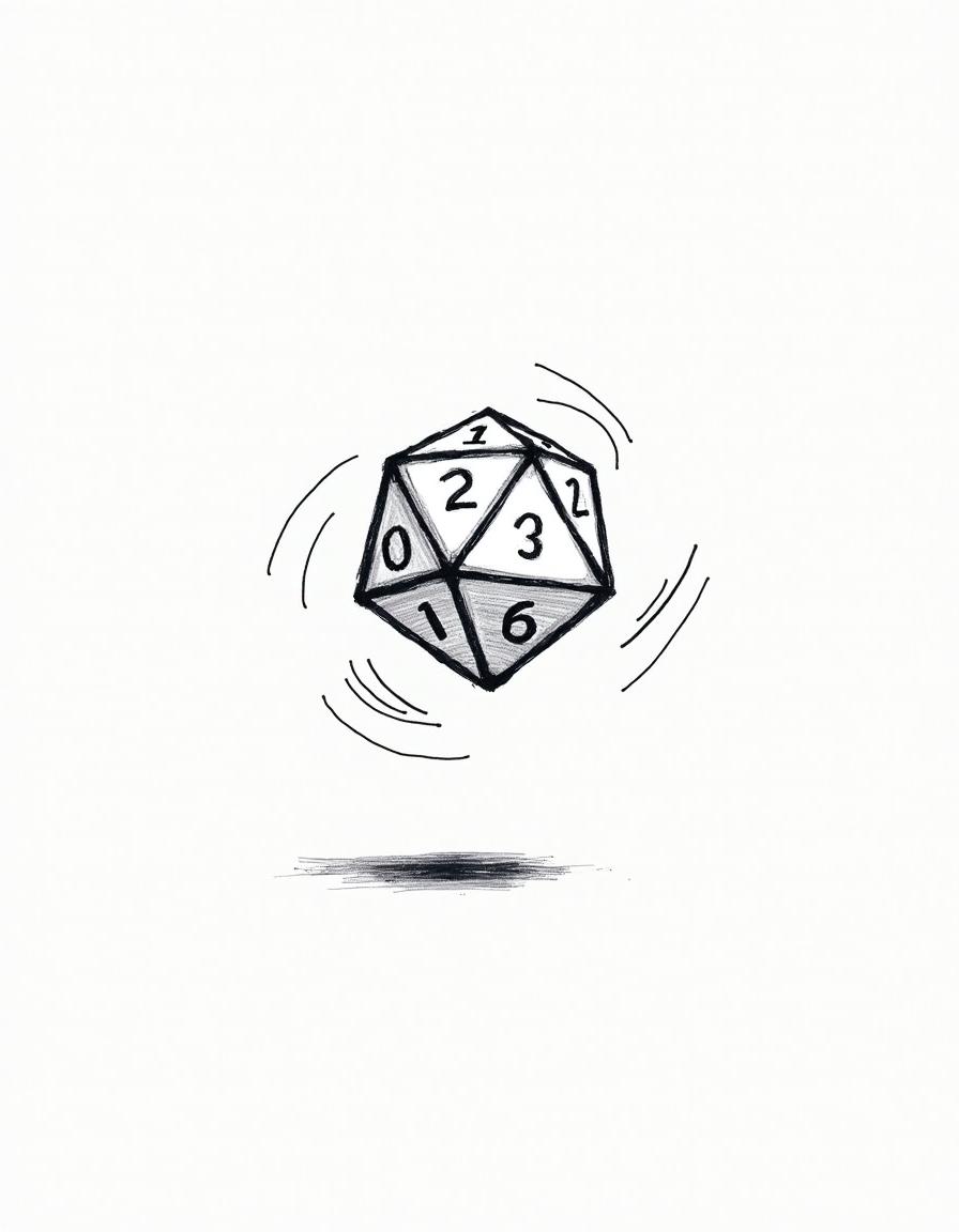 A hand-drawn illustration of a single D20 die spinning in mid-air, rendered in black and white