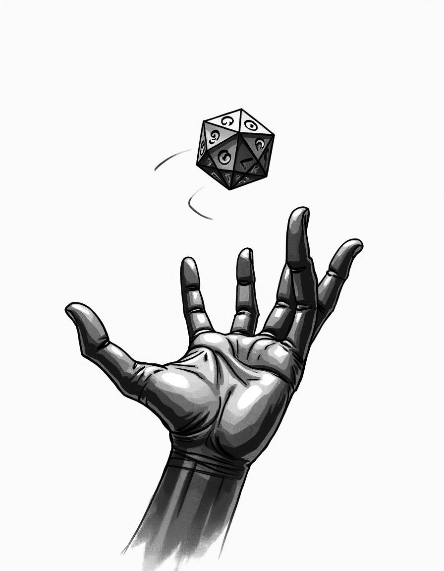 A hand-drawn illustration of a dark-skinned hand throwing a D20 die into the air