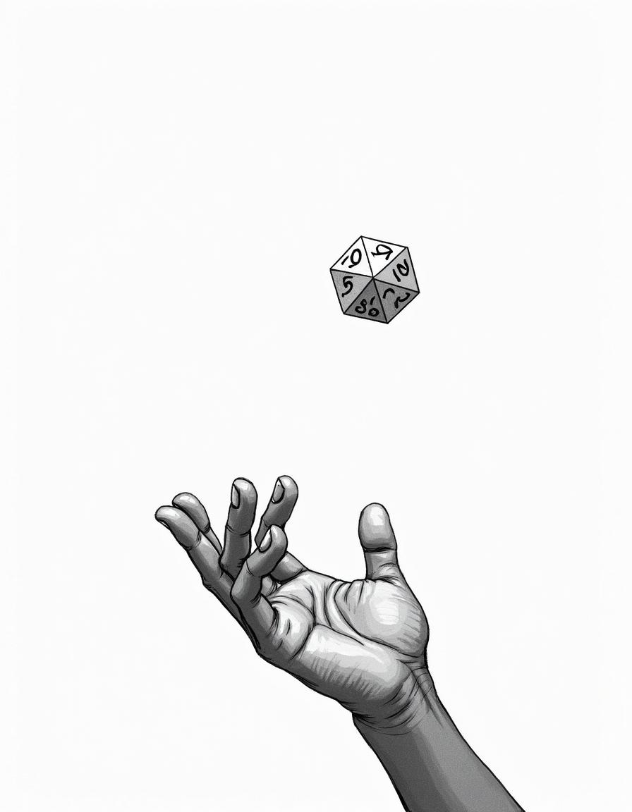 A hand-drawn illustration of a young hand with dark skin throwing a D20 die into the air