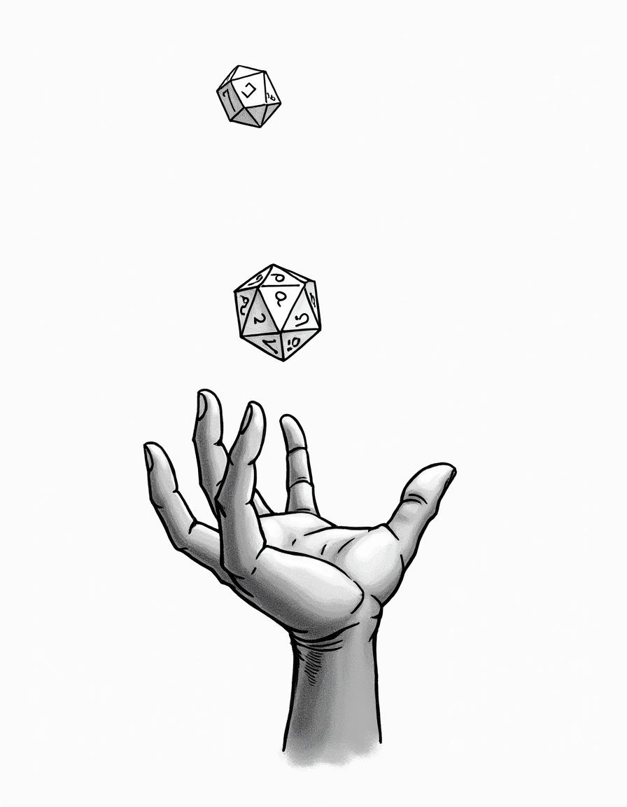 A hand-drawn illustration of a young hand with dark skin throwing a D20 dice into the air