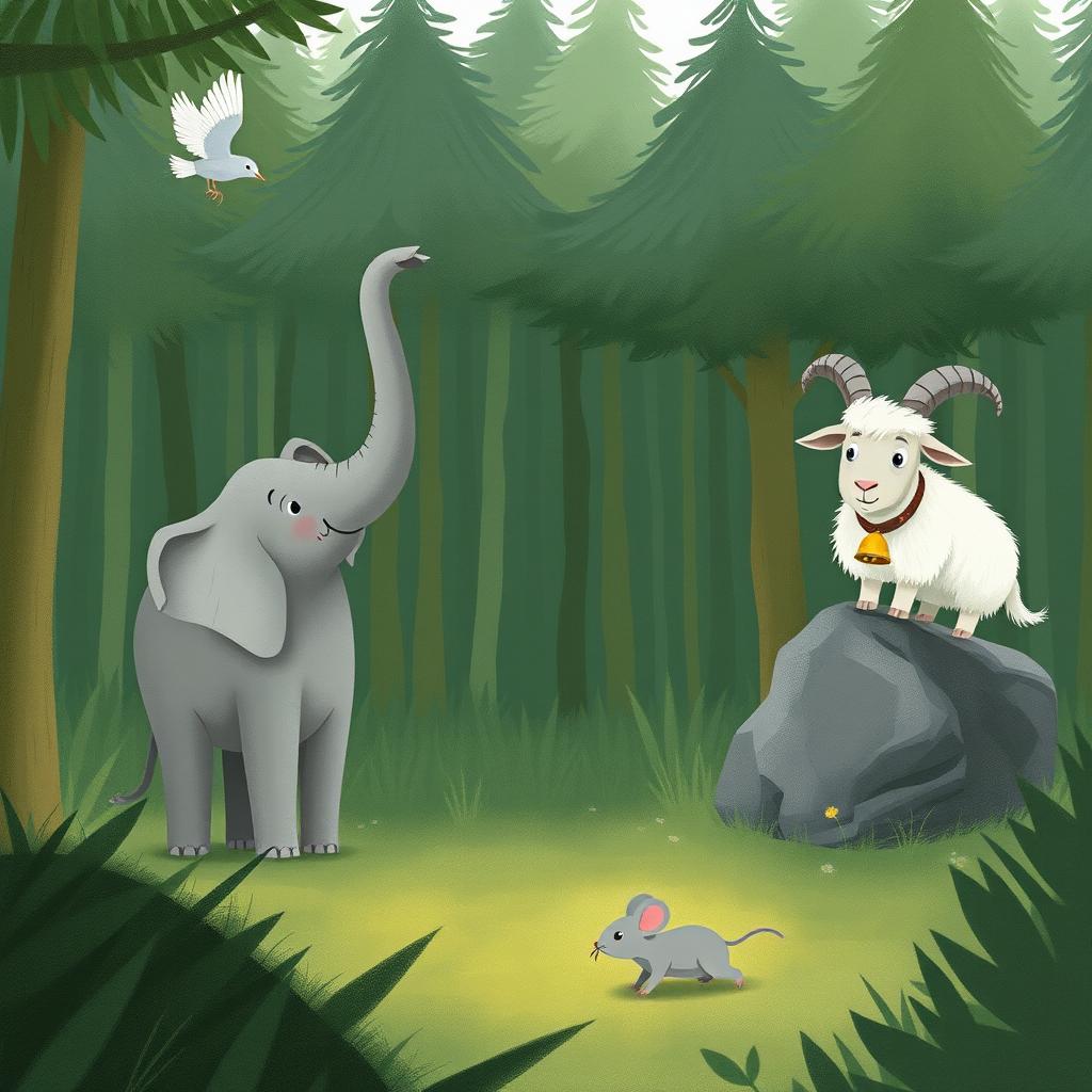 In a lush green forest, a large elephant stands gracefully, with its trunk raised in curiosity