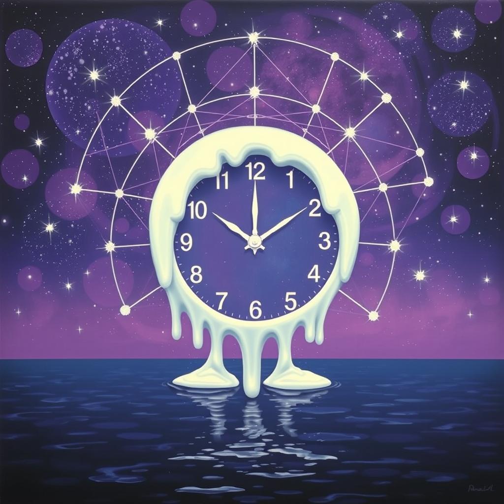 A surrealistic painting featuring a melting white clock at the center, set against a violet starry cosmos background