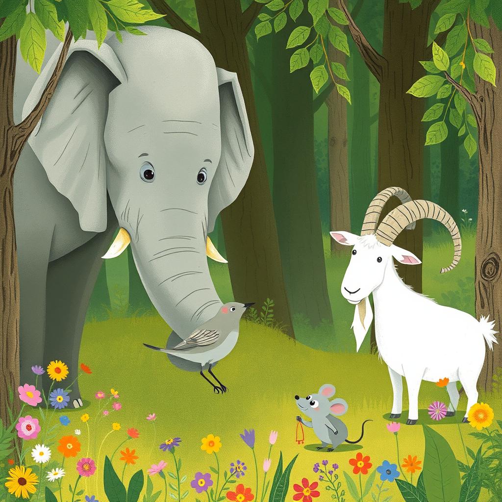 In a lively forest setting, an enormous elephant happily engages with a sweet gray lark, while a wise old white goat stands nearby, observing the scene with a gentle expression