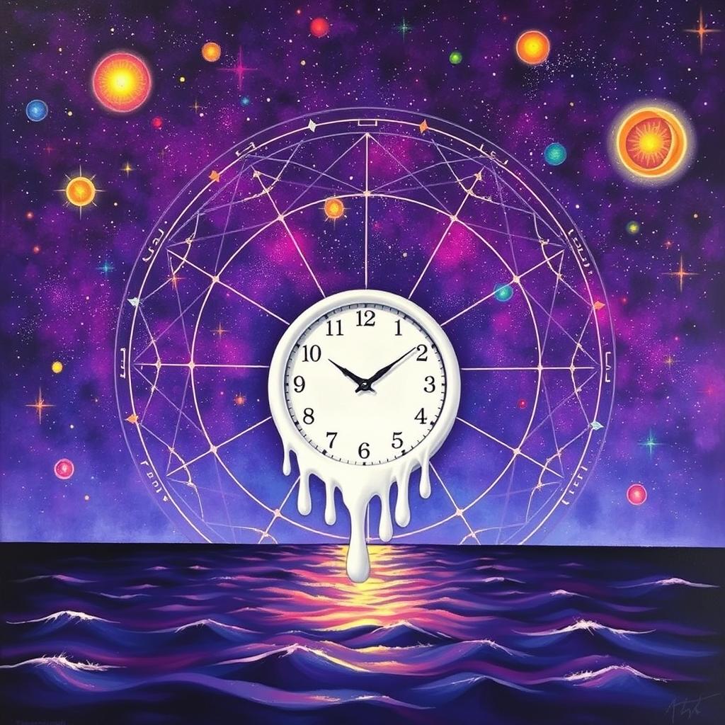 A surrealistic painting featuring a central white melting clock, set against a vibrant purple starry sky filled with multicolored celestial bodies