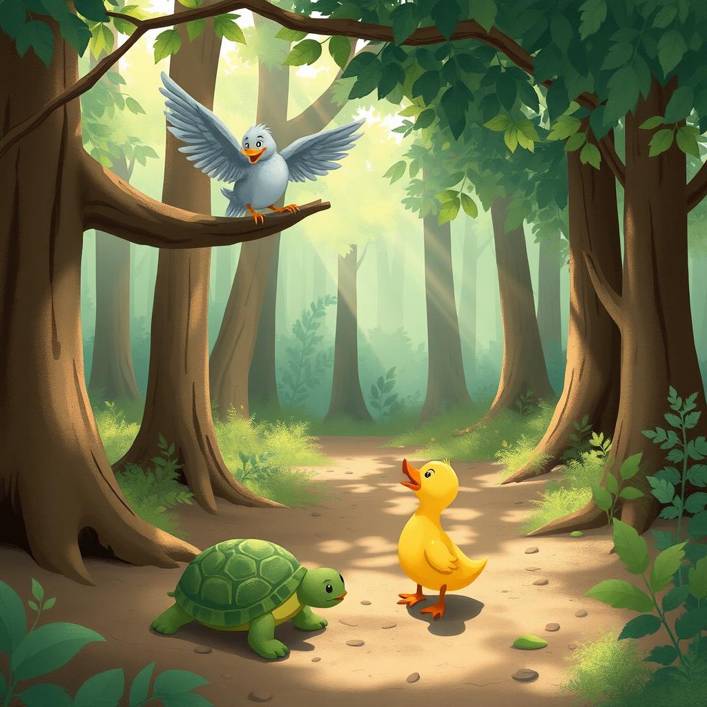 In a delightful forest scene, on the ground, a green little turtle and a yellow duck are happily together