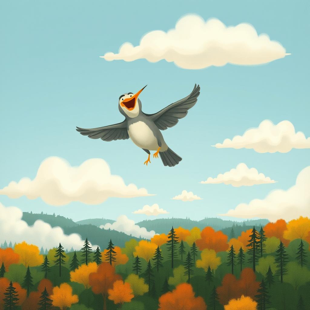 In the sky above a vibrant forest, a joyful grey lark is flying, energetically flapping its wings with its beak wide open in delight