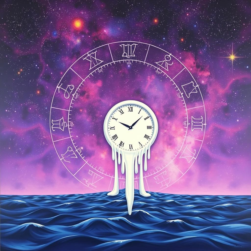 A surrealistic painting depicting a melting white clock at the center, set against a vibrant purple starry sky filled with a colorful cosmic background
