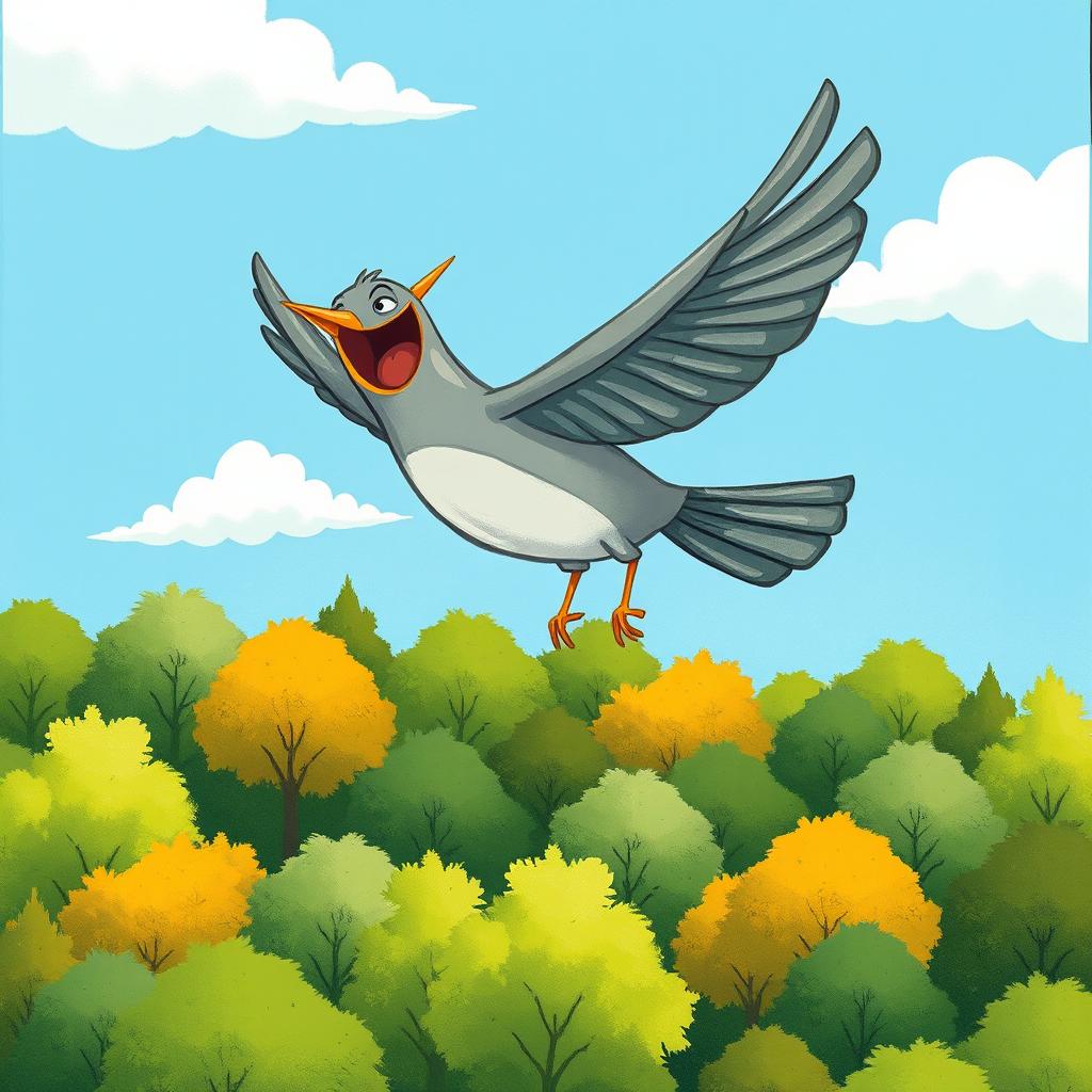 In the sky above a lush forest, a joyful grey lark is soaring, energetically flapping its wings with its beak wide open in pure delight