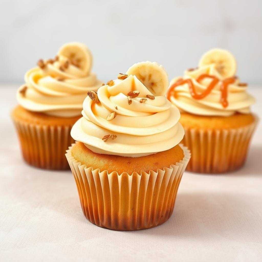 A beautifully arranged display of three banana cupcakes topped with rich, creamy frosting and garnished with banana slices
