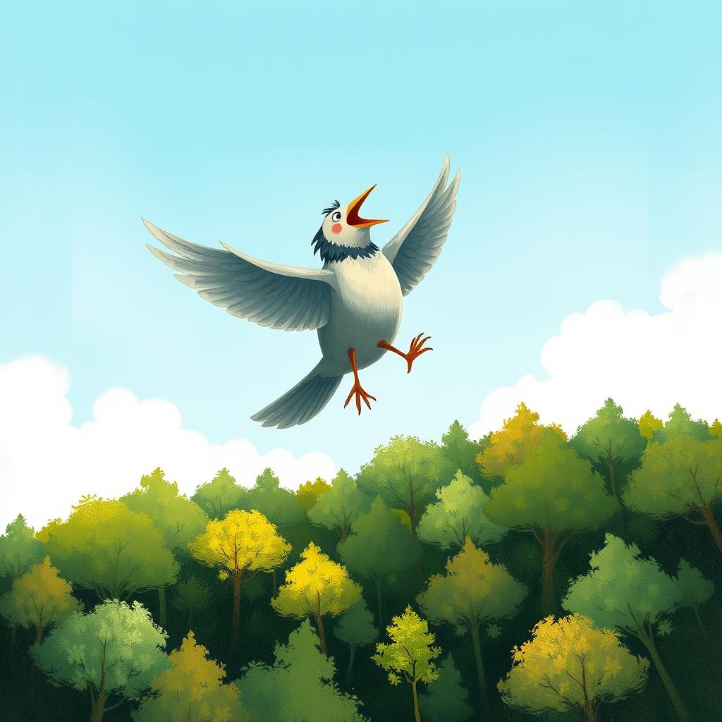 In the sky above a lush forest, a content grey lark is soaring joyfully, energetically flapping its wings and singing with its beak wide open