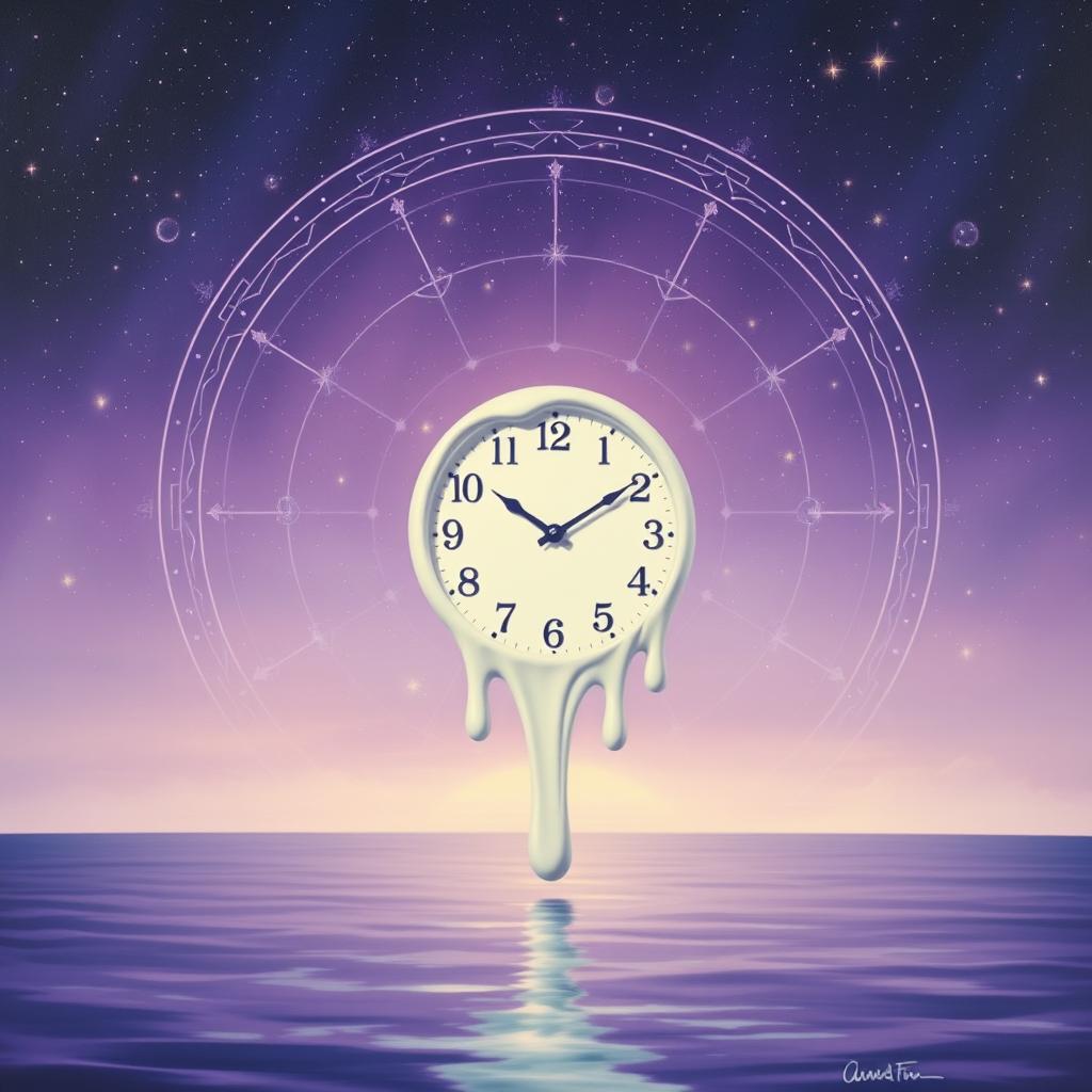 A surrealistic painting featuring a melting white clock at the center, set against a violet starry cosmos background